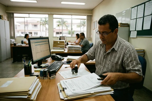 Profissional organizando documentos para transferência de veículos em Rio das Ostras.